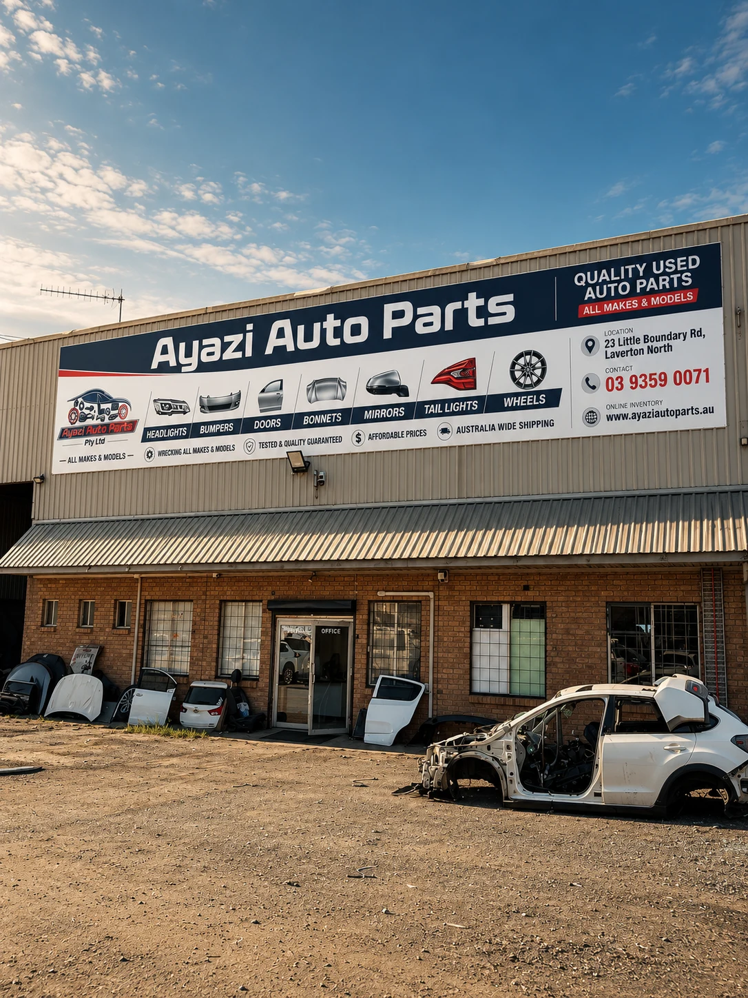 Large Ayazi Auto Parts banner mounted across a warehouse facade